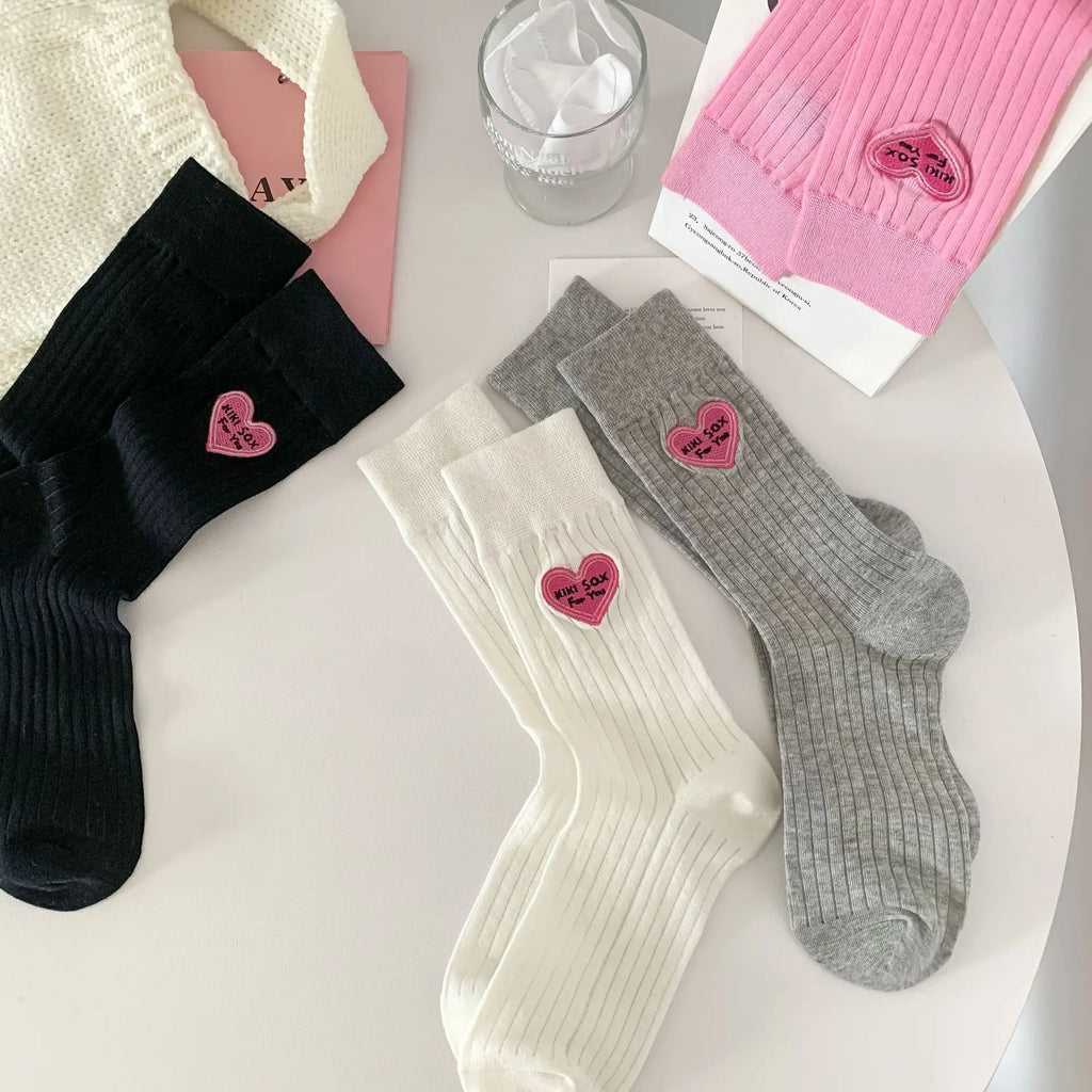 Premium Cotton Women's Crew Socks Breathable Heart Embroidery Colorful Summer Daily Wear
