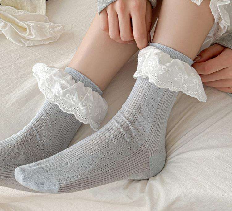 Korean Fashion Transparent Ruffle Thigh-High Socks Cute Bow Lace Socks Women