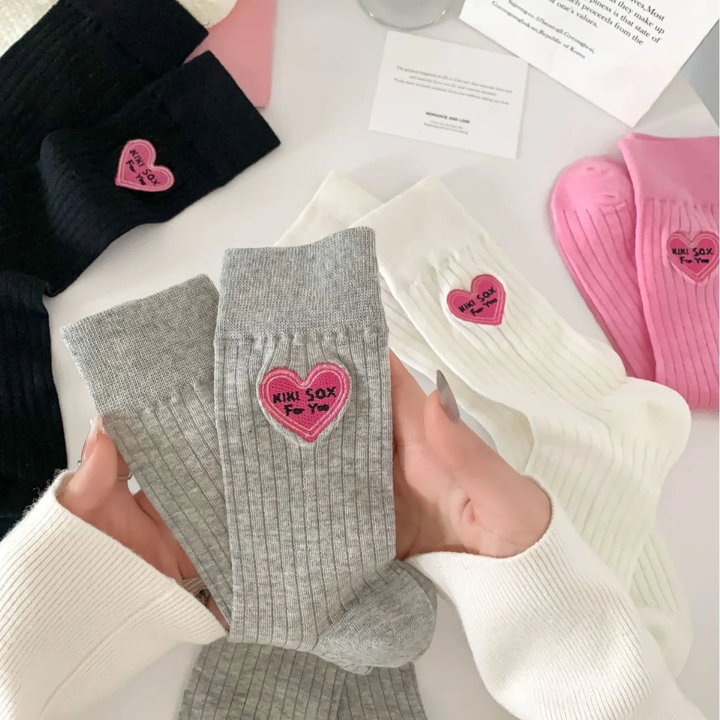 Premium Cotton Women's Crew Socks Breathable Heart Embroidery Colorful Summer Daily Wear