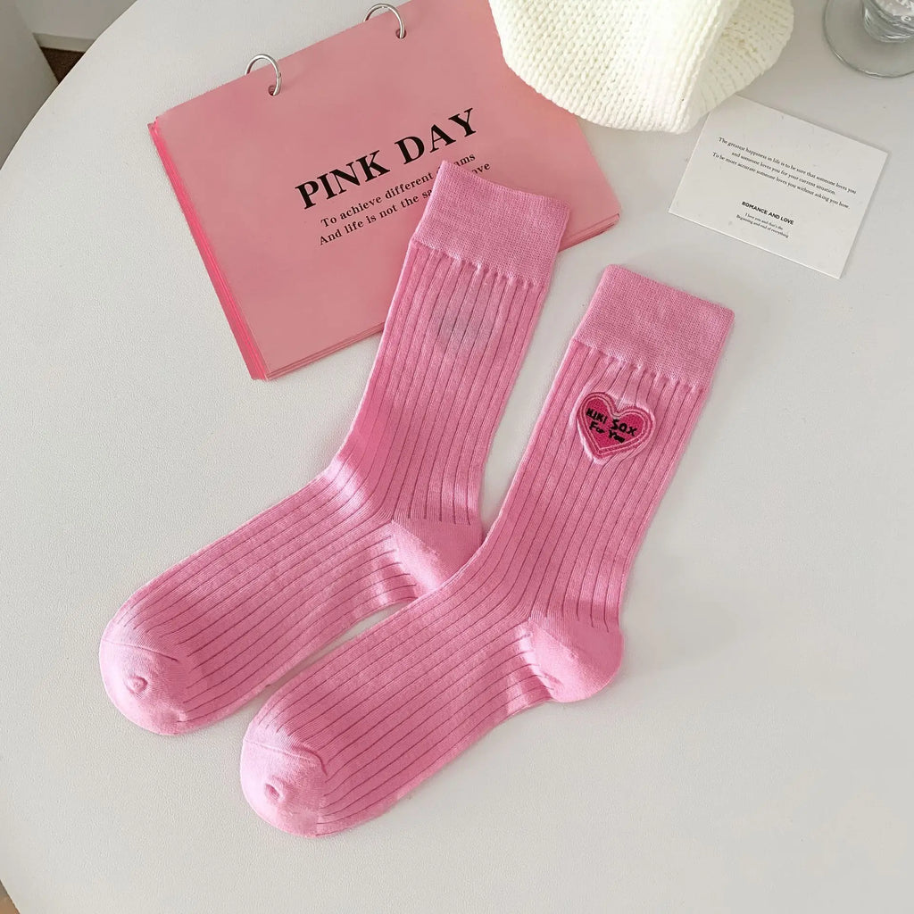 Premium Cotton Women's Crew Socks Breathable Heart Embroidery Colorful Summer Daily Wear