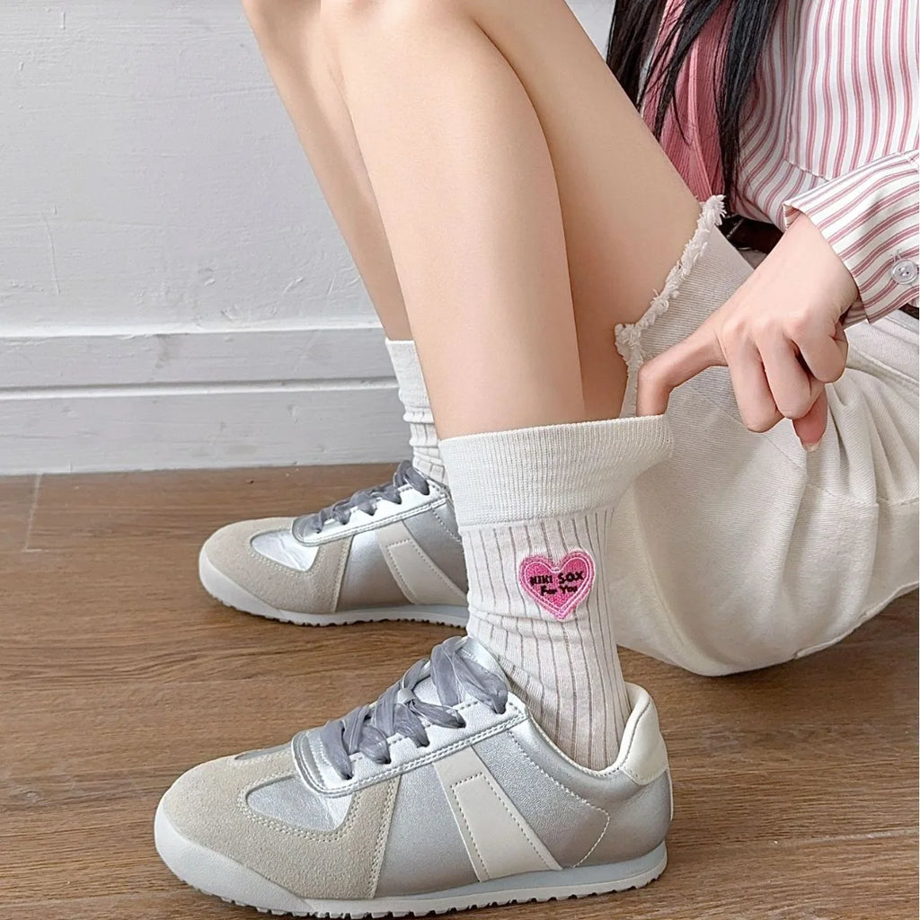 Premium Cotton Women's Crew Socks Breathable Heart Embroidery Colorful Summer Daily Wear