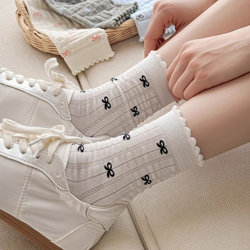 Women Mid Calf Cute Socks Ruffled Edge Bow Stripes Soft Thin Knitted Crew Spring Summer Pink Color Socks Lovely