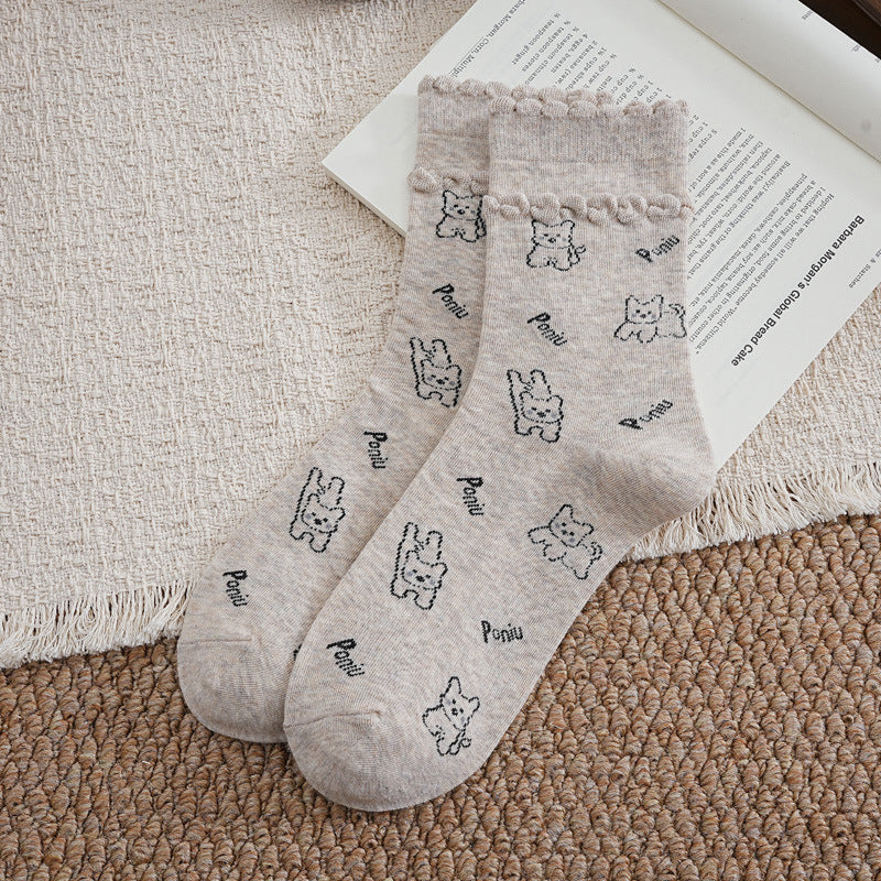 Cute dog Cotton Women's Socks Lovely Animal Lady Girl Crew Socks for Spring Summer Daily Knitted Ruffle Cuff