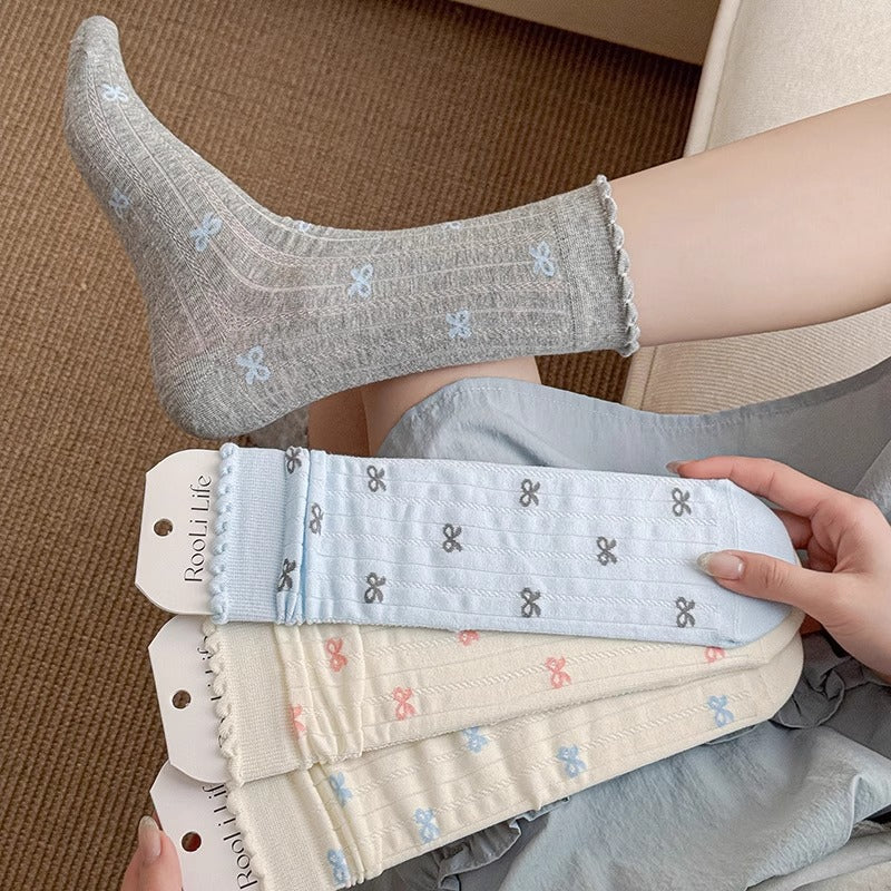 Women Mid Calf Cute Socks Ruffled Edge Bow Stripes Soft Thin Knitted Crew Spring Summer Pink Color Socks Lovely