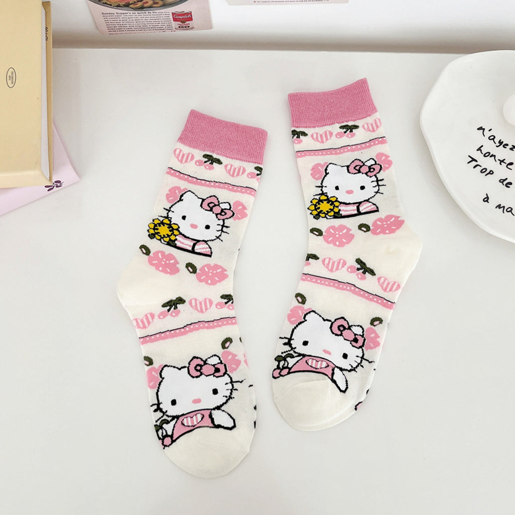 Trendy Cartoon Cat Women's Mid-Calf Socks Sweet Lovely Colorful Cotton School Anime Style Socks