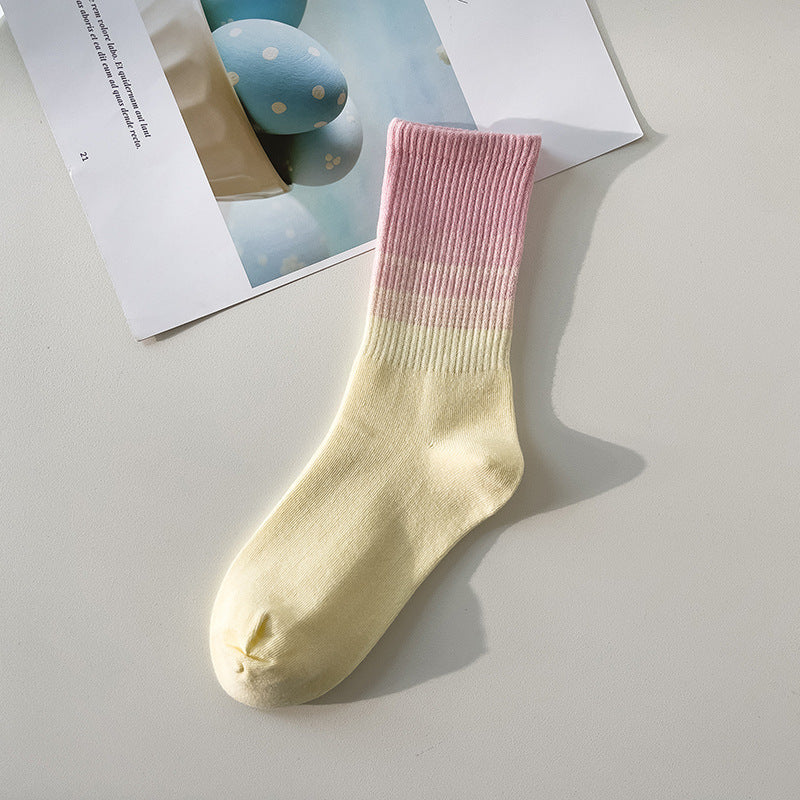 Internet Celebrity Inspired Japanese Women's Mid-Calf Socks Gradient Color Cotton Knitted Sports Socks for Spring Autumn