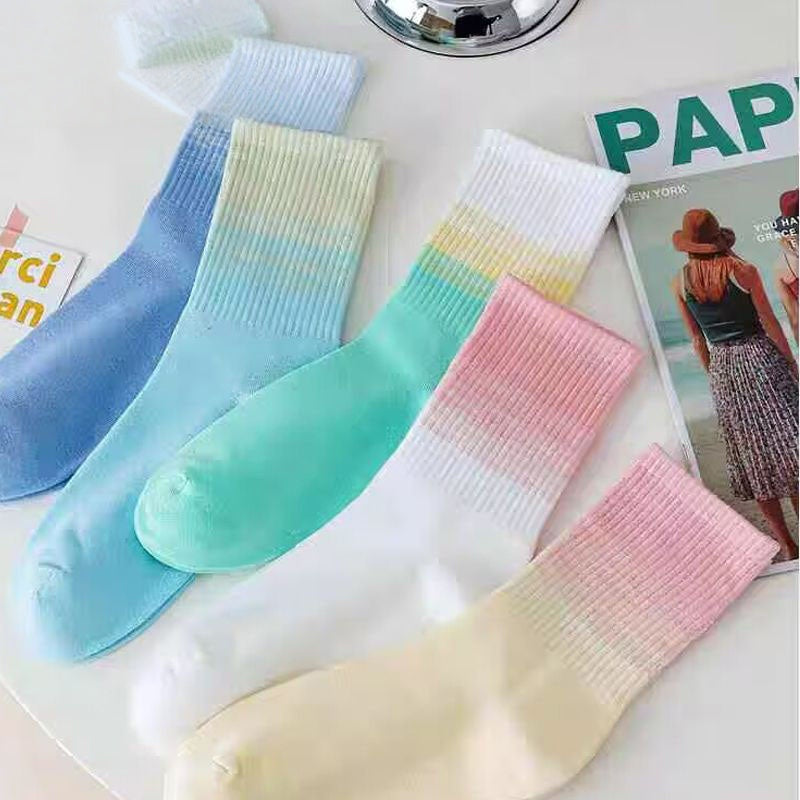Internet Celebrity Inspired Japanese Women's Mid-Calf Socks Gradient Color Cotton Knitted Sports Socks for Spring Autumn