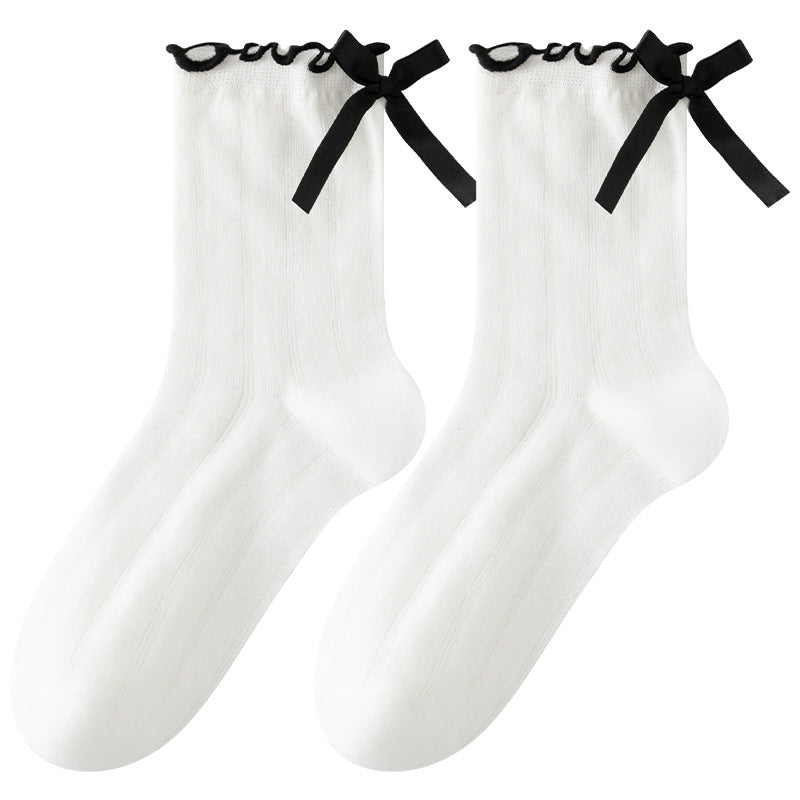 Stylish Ruffle Design Women's Crew Socks Soft Cotton Bow Knitted Breathable  for Spring