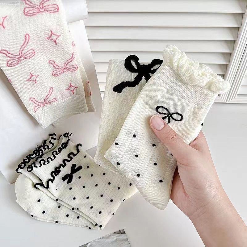 Solid Color Bow Ruffle Socks Women Girls Crew Cute Socks Spring Summer Breathable Cotton Casual Socks
