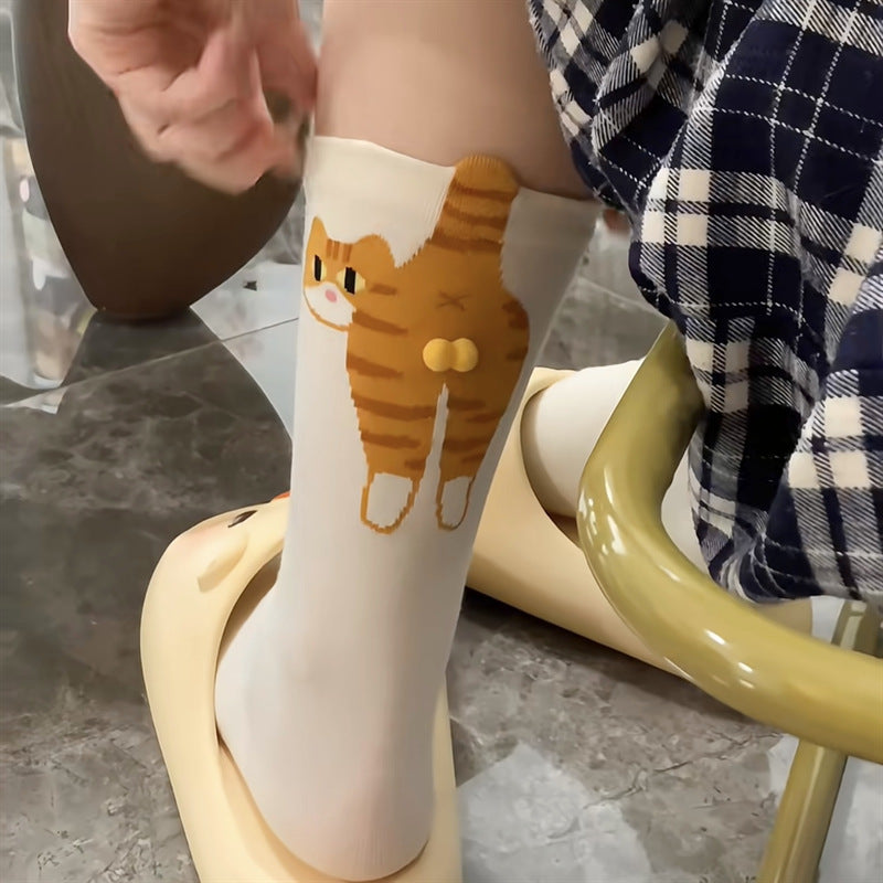Breathable Women's Crew Socks 3D Cat Cartoon Design Pom-Pom Cotton Long Socks with Body Heat Function