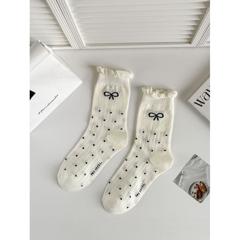 Solid Color Bow Ruffle Socks Women Girls Crew Cute Socks Spring Summer Breathable Cotton Casual Socks