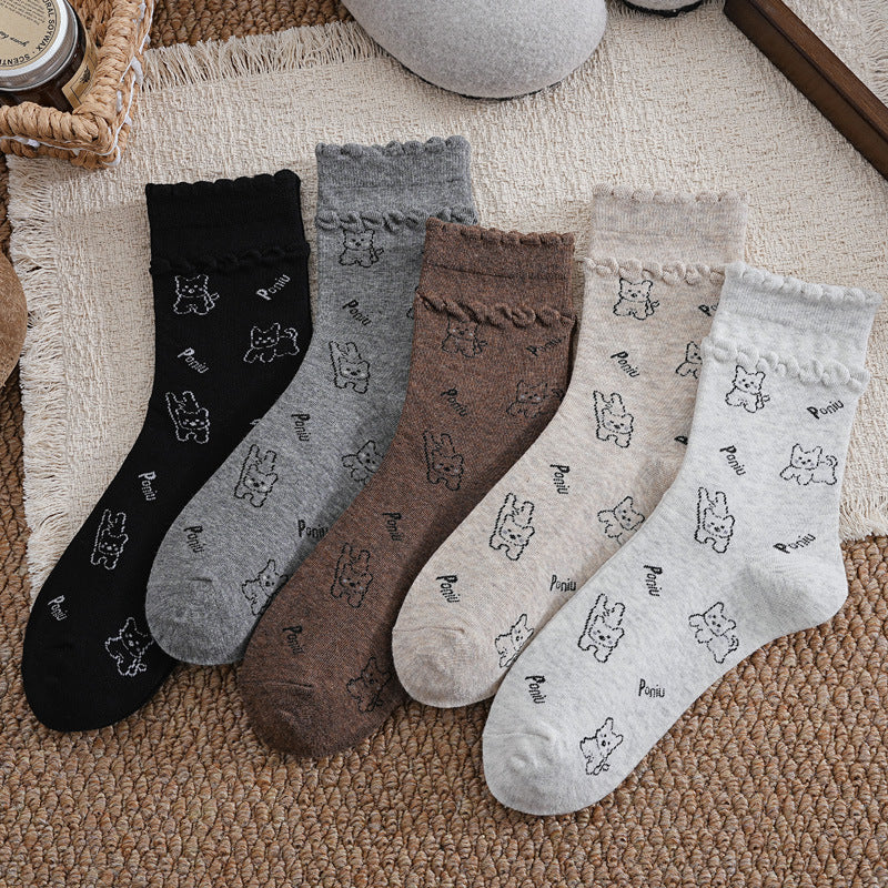 Cute dog Cotton Women's Socks Lovely Animal Lady Girl Crew Socks for Spring Summer Daily Knitted Ruffle Cuff