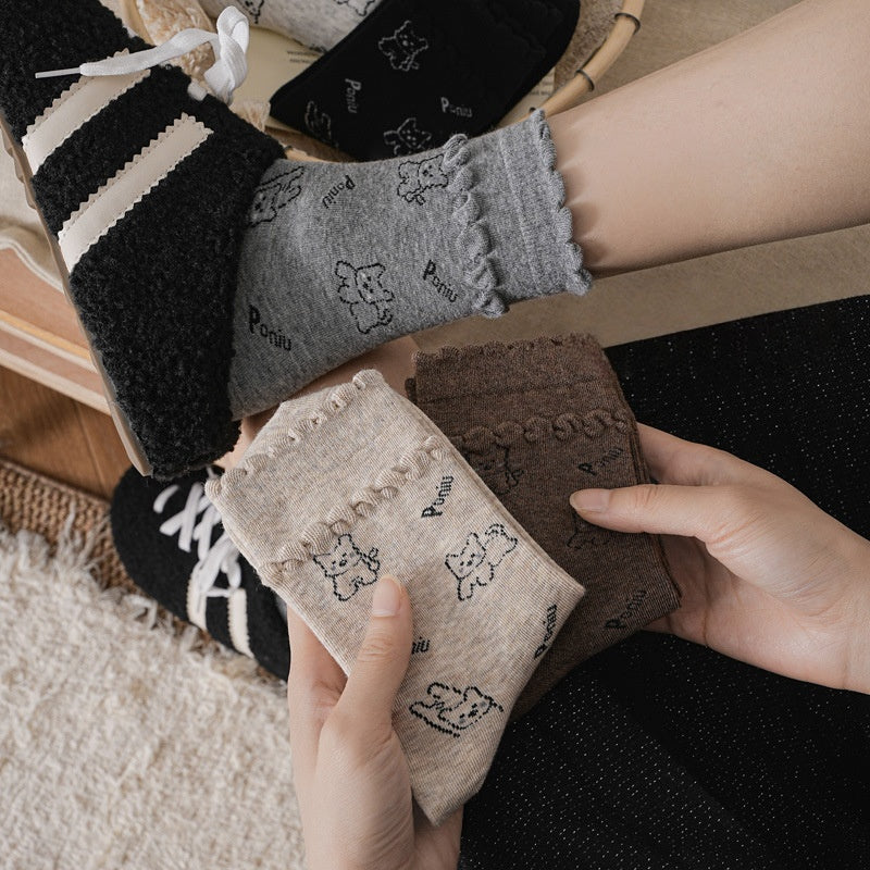 Cute dog Cotton Women's Socks Lovely Animal Lady Girl Crew Socks for Spring Summer Daily Knitted Ruffle Cuff