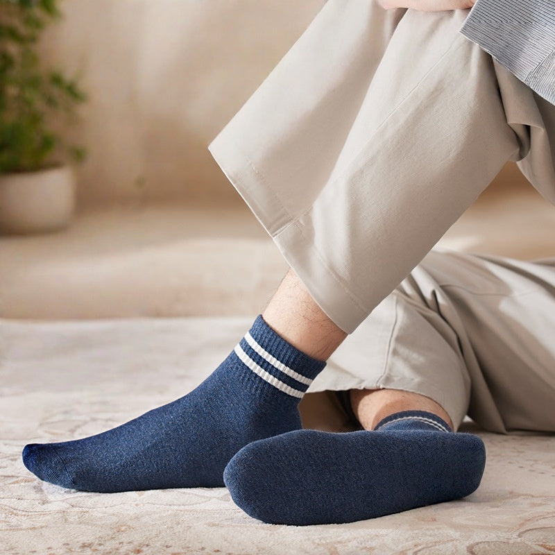 4 Pairs Men's Mid-Calf Sport Socks White Double Stripe Breathable Sweat-Absorbent Cotton Spandex Blend