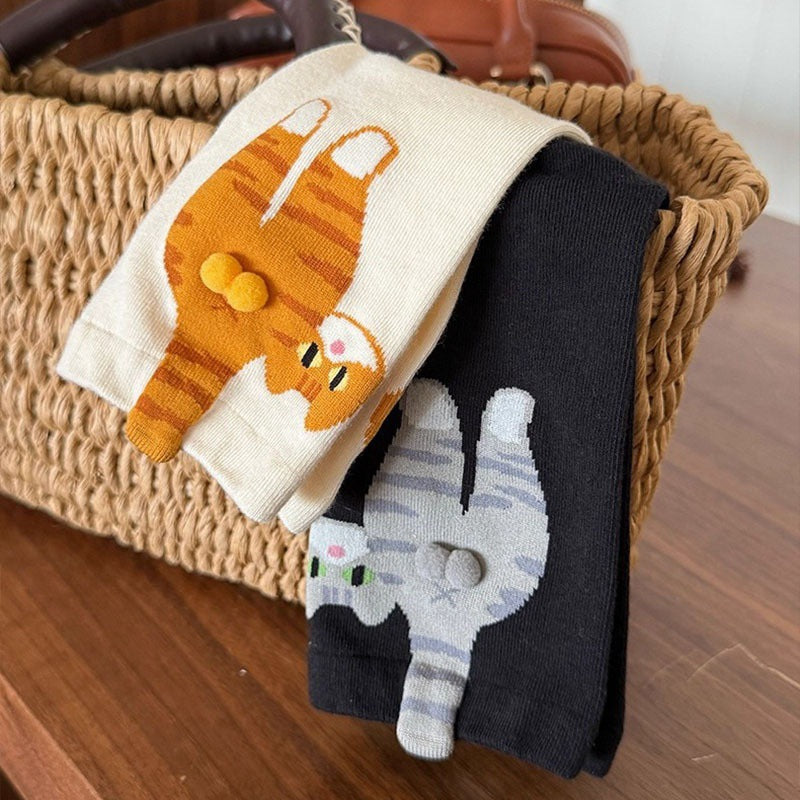 Breathable Women's Crew Socks 3D Cat Cartoon Design Pom-Pom Cotton Long Socks with Body Heat Function
