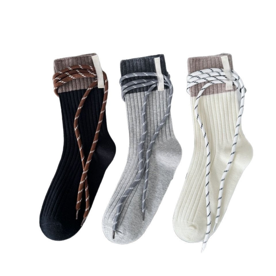 Creative Drawstring Pilates Socks Woven Label Color-Blocked Non-Slip Grip Yoga Socks