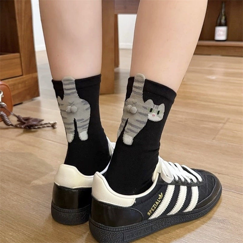 Breathable Women's Crew Socks 3D Cat Cartoon Design Pom-Pom Cotton Long Socks with Body Heat Function