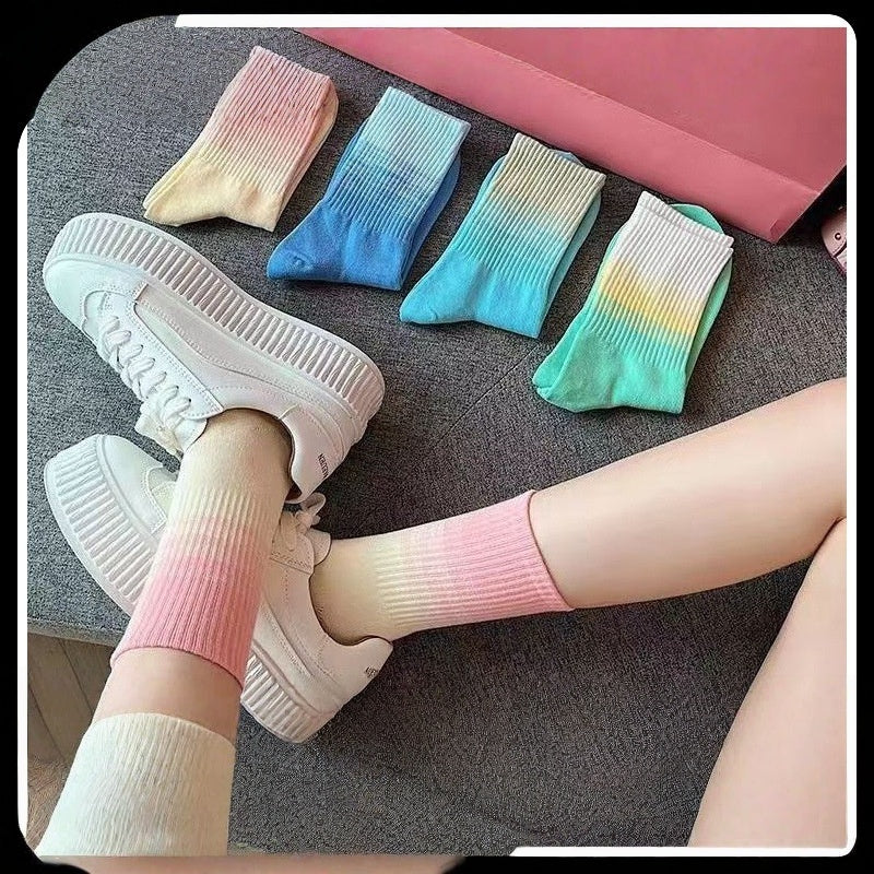 Internet Celebrity Inspired Japanese Women's Mid-Calf Socks Gradient Color Cotton Knitted Sports Socks for Spring Autumn