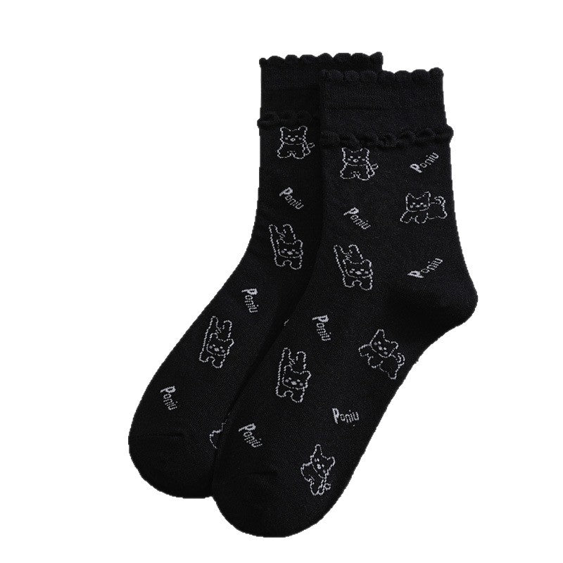 Cute dog Cotton Women's Socks Lovely Animal Lady Girl Crew Socks for Spring Summer Daily Knitted Ruffle Cuff