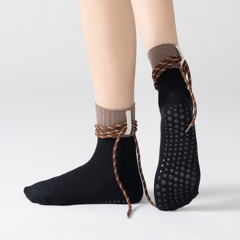Creative Drawstring Pilates Socks Woven Label Color-Blocked Non-Slip Grip Yoga Socks