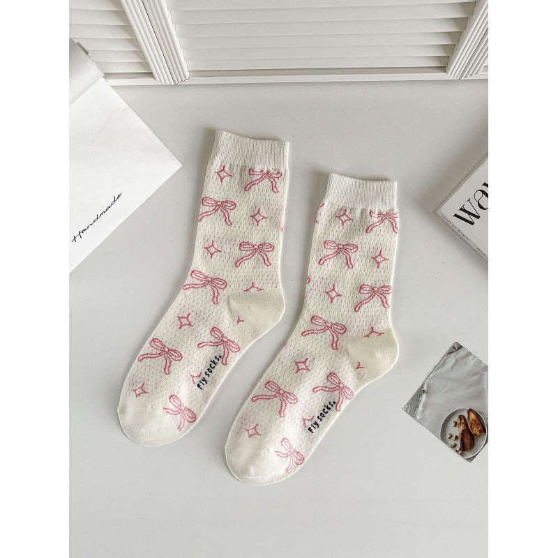 Solid Color Bow Ruffle Socks Women Girls Crew Cute Socks Spring Summer Breathable Cotton Casual Socks