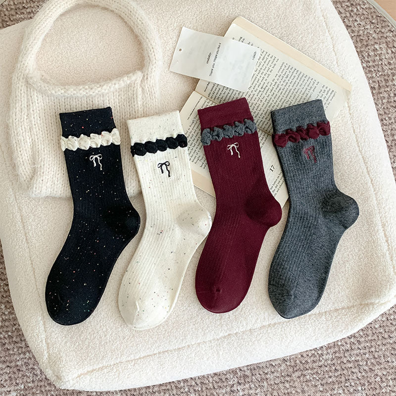 Spring Fashion Girls' Cotton Crew Socks Embroidered Bow Colorful Dots Ruffled Breathable Knitted Socks
