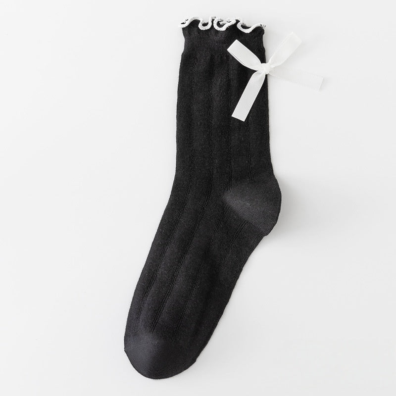 Stylish Ruffle Design Women's Crew Socks Soft Cotton Bow Knitted Breathable  for Spring