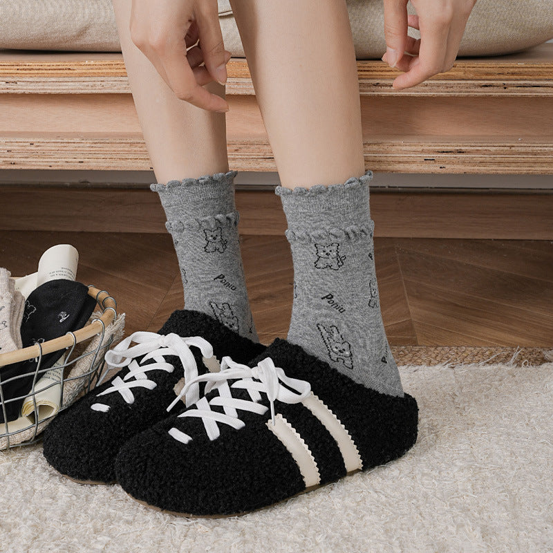 Cute dog Cotton Women's Socks Lovely Animal Lady Girl Crew Socks for Spring Summer Daily Knitted Ruffle Cuff