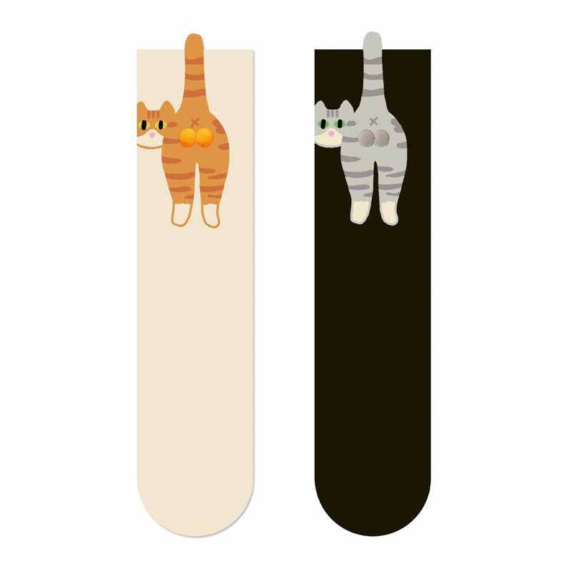 Breathable Women's Crew Socks 3D Cat Cartoon Design Pom-Pom Cotton Long Socks with Body Heat Function