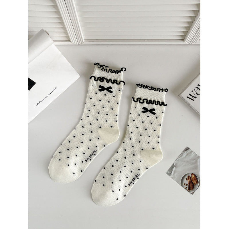 Solid Color Bow Ruffle Socks Women Girls Crew Cute Socks Spring Summer Breathable Cotton Casual Socks