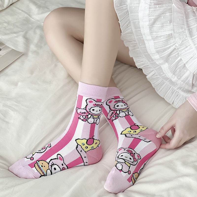 Trendy Cartoon Cat Women's Mid-Calf Socks Sweet Lovely Colorful Cotton School Anime Style Socks