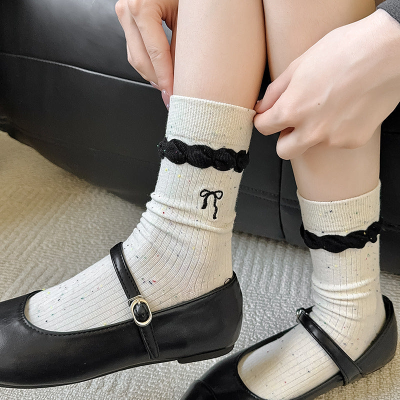 Spring Fashion Girls' Cotton Crew Socks Embroidered Bow Colorful Dots Ruffled Breathable Knitted Socks