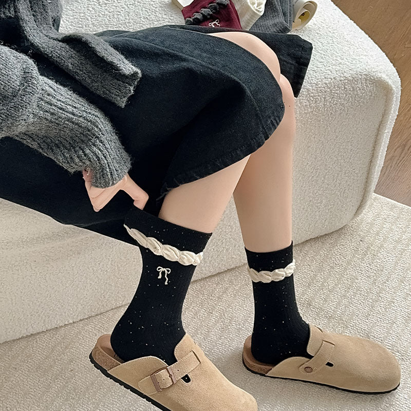 Spring Fashion Girls' Cotton Crew Socks Embroidered Bow Colorful Dots Ruffled Breathable Knitted Socks