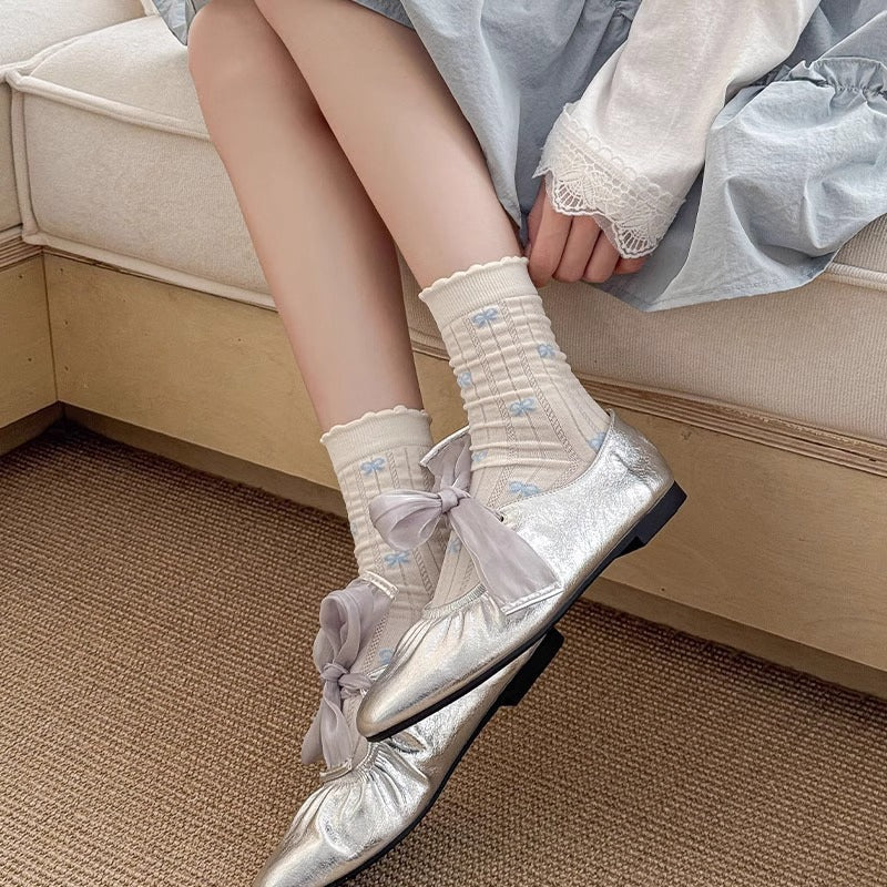 Women Mid Calf Cute Socks Ruffled Edge Bow Stripes Soft Thin Knitted Crew Spring Summer Pink Color Socks Lovely