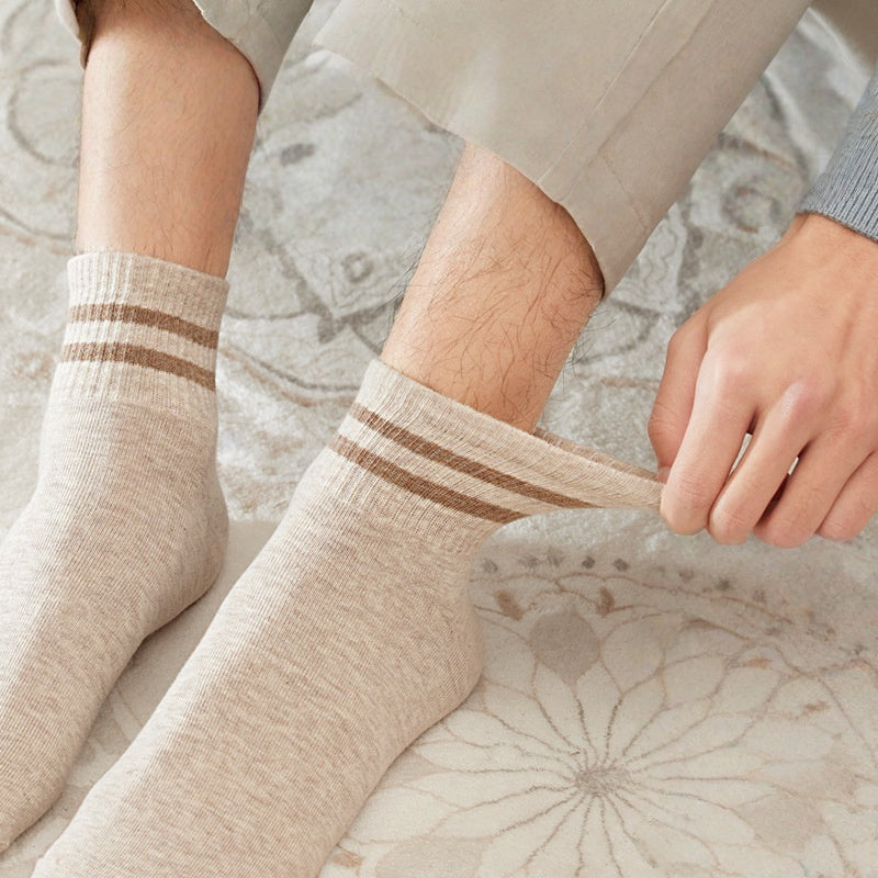 4 Pairs Men's Mid-Calf Sport Socks White Double Stripe Breathable Sweat-Absorbent Cotton Spandex Blend