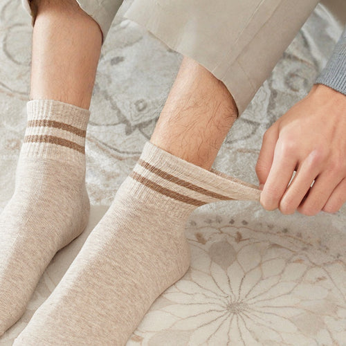 4 Pairs Men's Mid-Calf Sport Socks White Double Stripe Breathable Sweat-Absorbent Cotton Spandex Blend