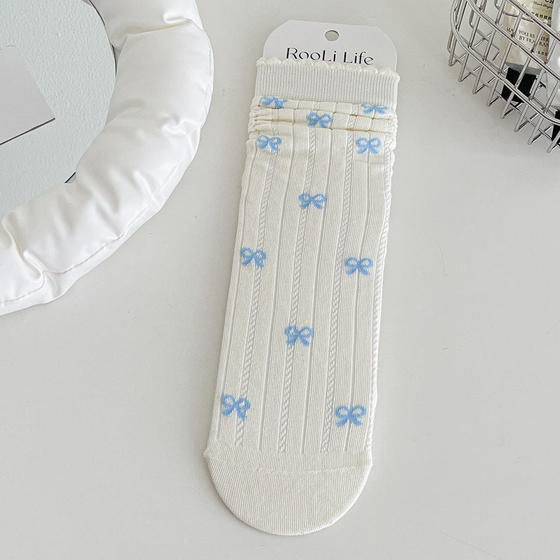 Women Mid Calf Cute Socks Ruffled Edge Bow Stripes Soft Thin Knitted Crew Spring Summer Pink Color Socks Lovely