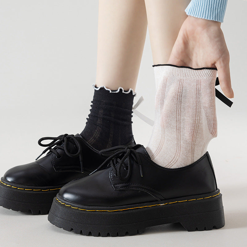 Stylish Ruffle Design Women's Crew Socks Soft Cotton Bow Knitted Breathable  for Spring