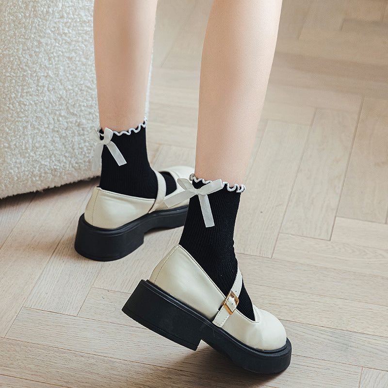 Stylish Ruffle Design Women's Crew Socks Soft Cotton Bow Knitted Breathable  for Spring
