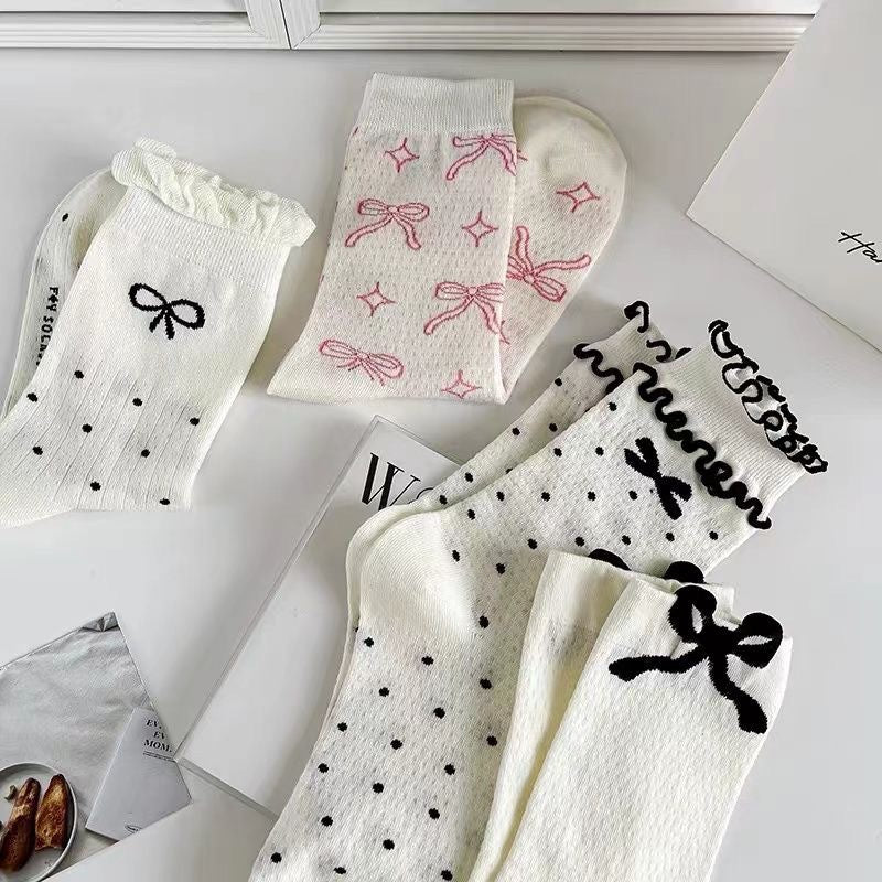 Solid Color Bow Ruffle Socks Women Girls Crew Cute Socks Spring Summer Breathable Cotton Casual Socks