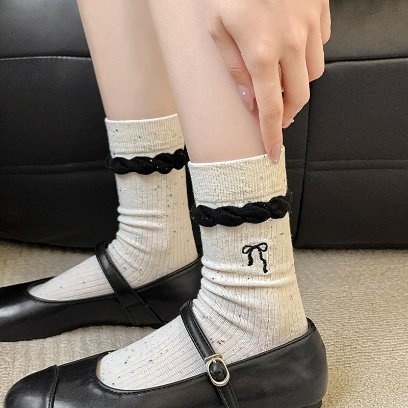 Spring Fashion Girls' Cotton Crew Socks Embroidered Bow Colorful Dots Ruffled Breathable Knitted Socks