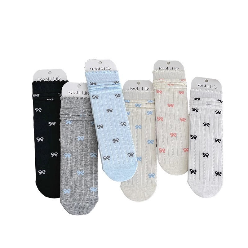 Women Mid Calf Cute Socks Ruffled Edge Bow Stripes Soft Thin Knitted Crew Spring Summer Pink Color Socks Lovely