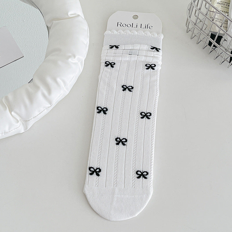 Women Mid Calf Cute Socks Ruffled Edge Bow Stripes Soft Thin Knitted Crew Spring Summer Pink Color Socks Lovely