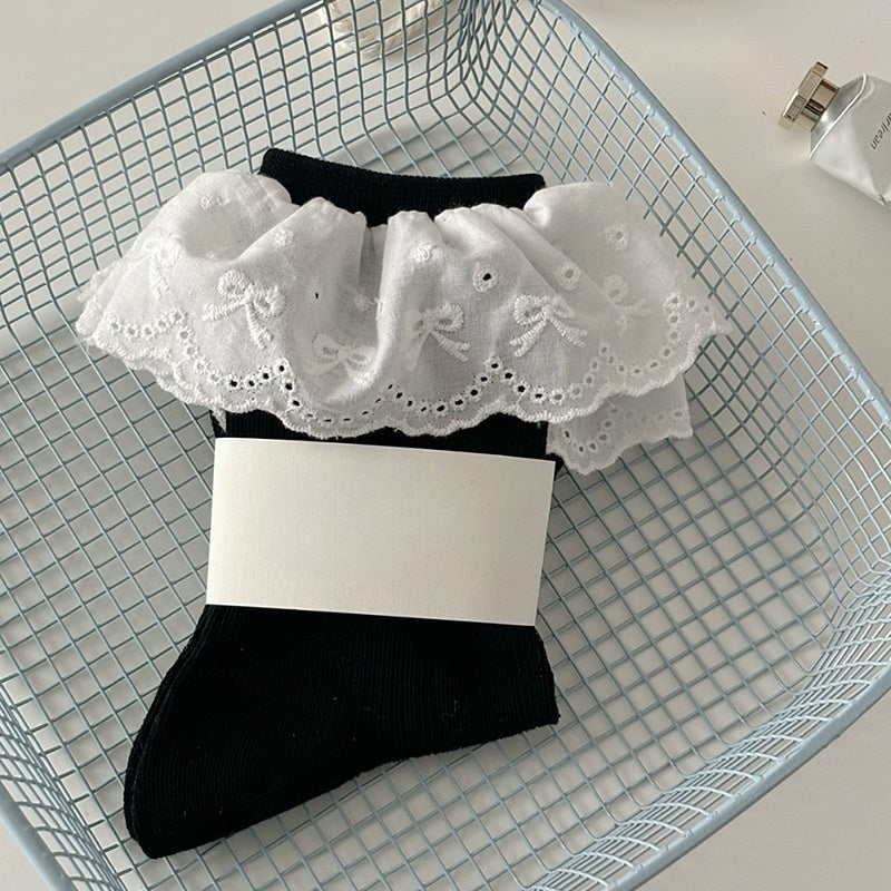 Korean Fashion Transparent Ruffle Thigh-High Socks Cute Bow Lace Socks Women
