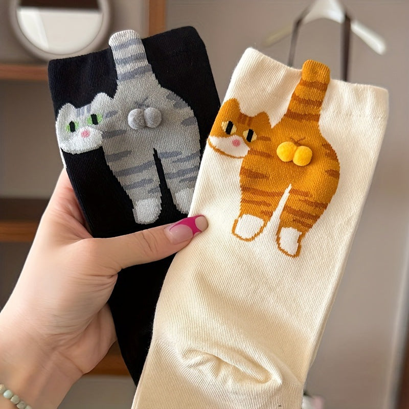 Breathable Women's Crew Socks 3D Cat Cartoon Design Pom-Pom Cotton Long Socks with Body Heat Function