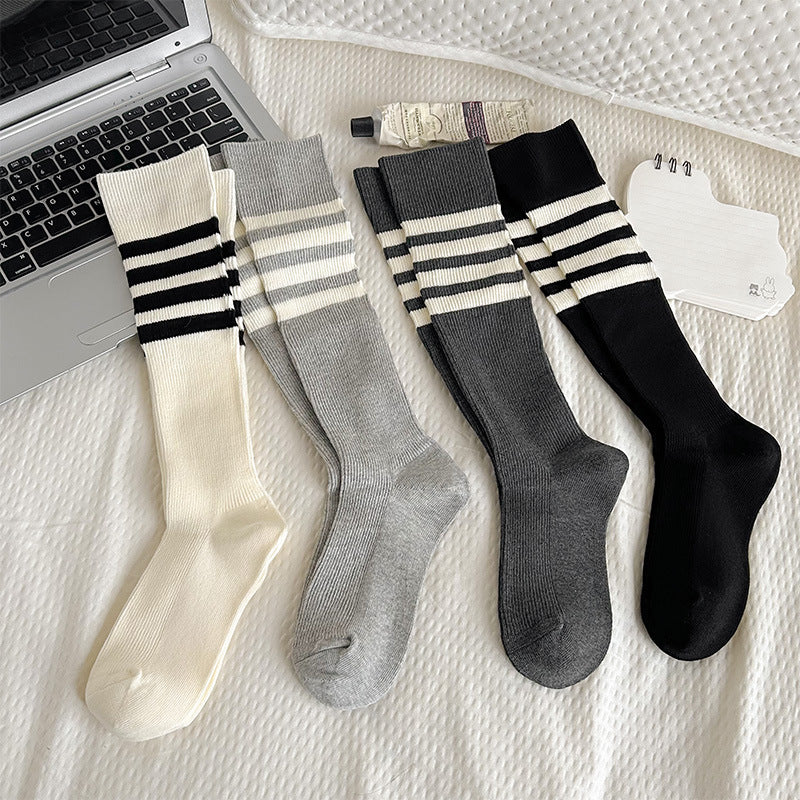 Women's Elegant Knee High Socks Striped Solid Minimalist Versatile Stylish Multi Pastel Colors
