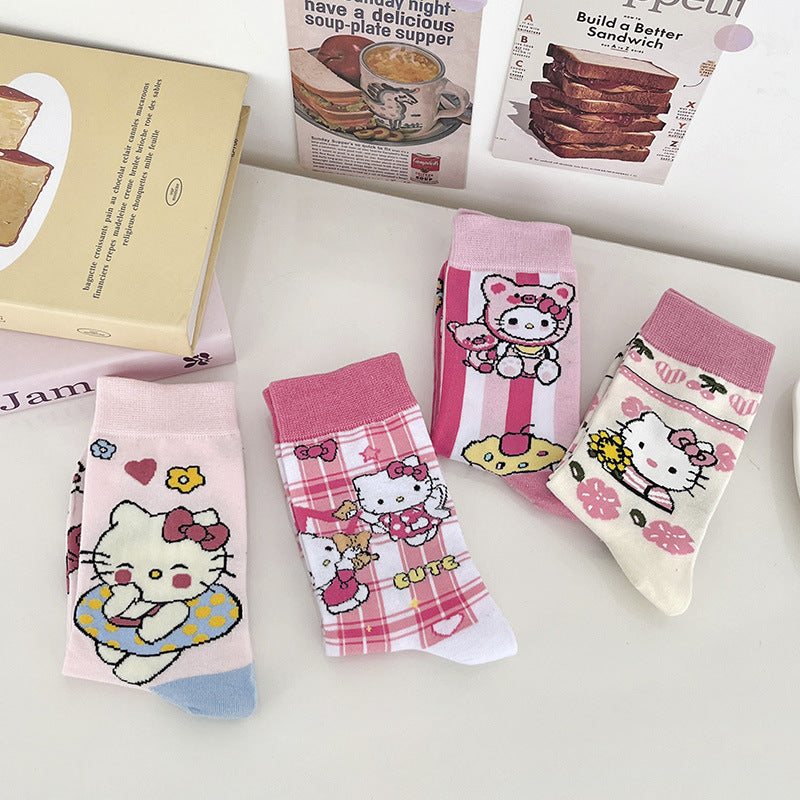 Trendy Cartoon Cat Women's Mid-Calf Socks Sweet Lovely Colorful Cotton School Anime Style Socks